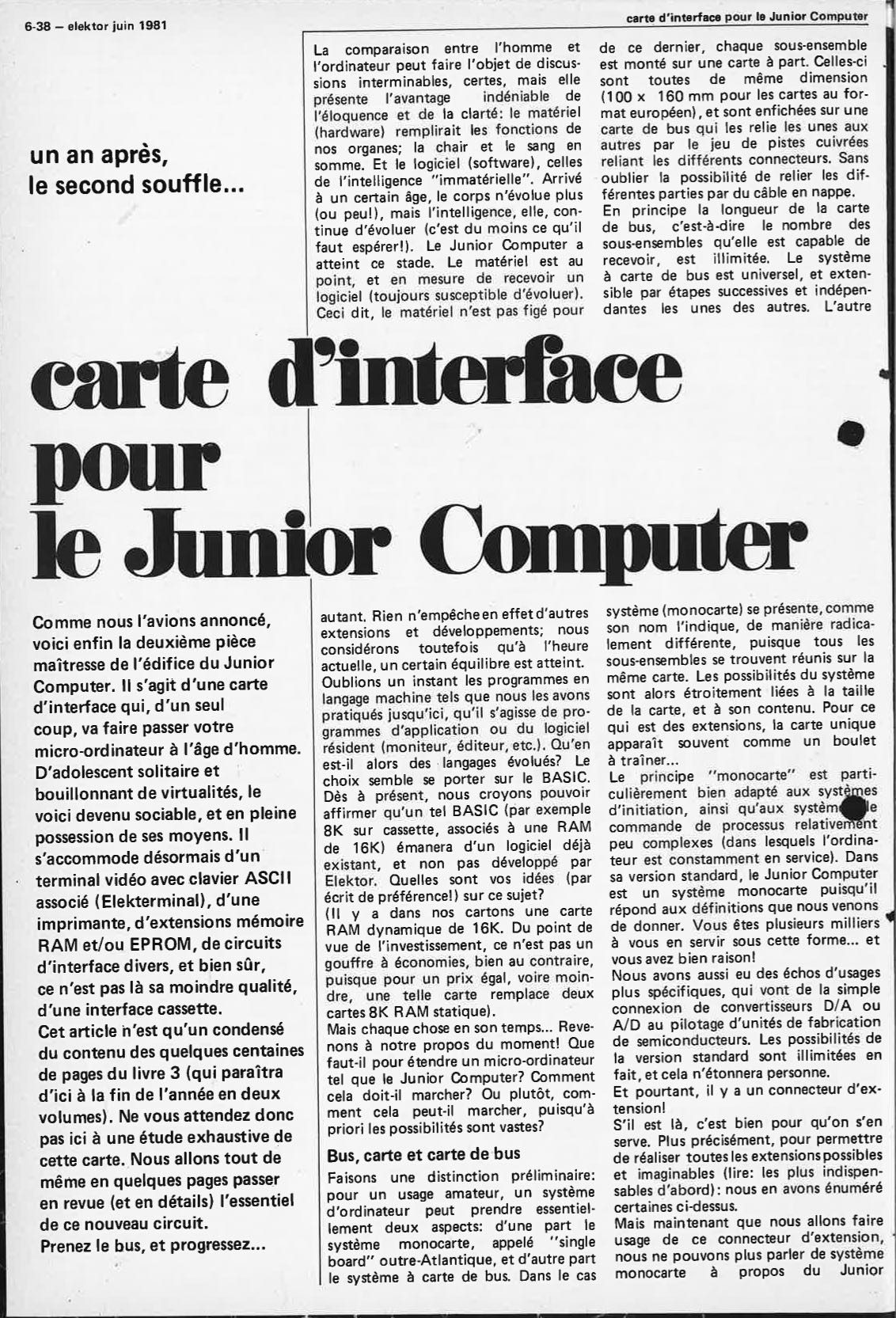 carte d`interface pour le Junior Computer