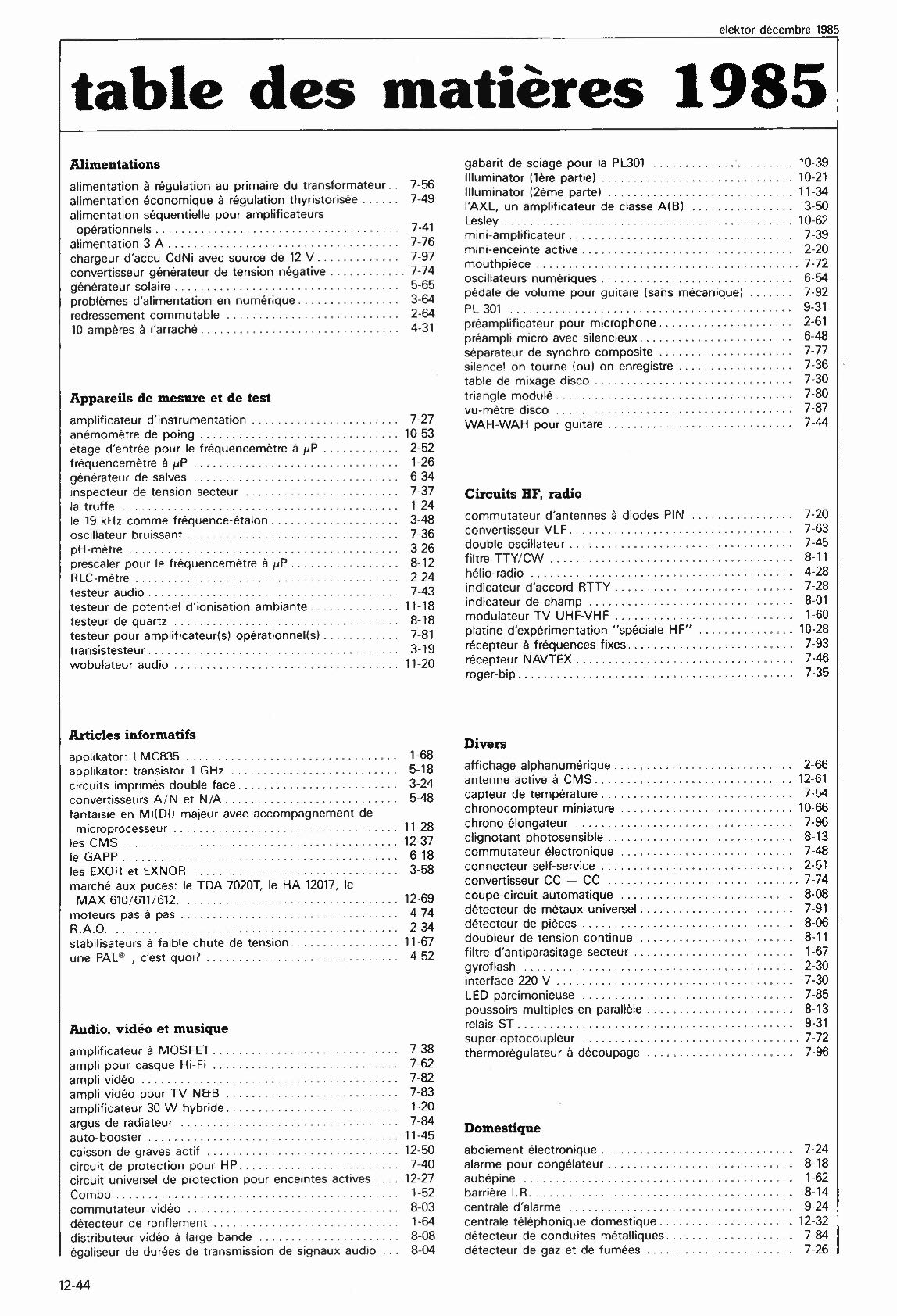 table des matières 1985