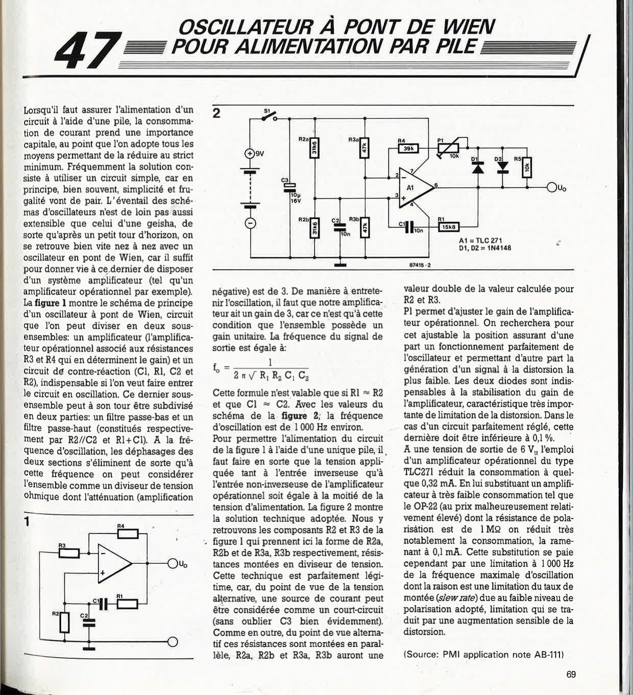 oscillateur à pont de Wien pour alimentation par pile