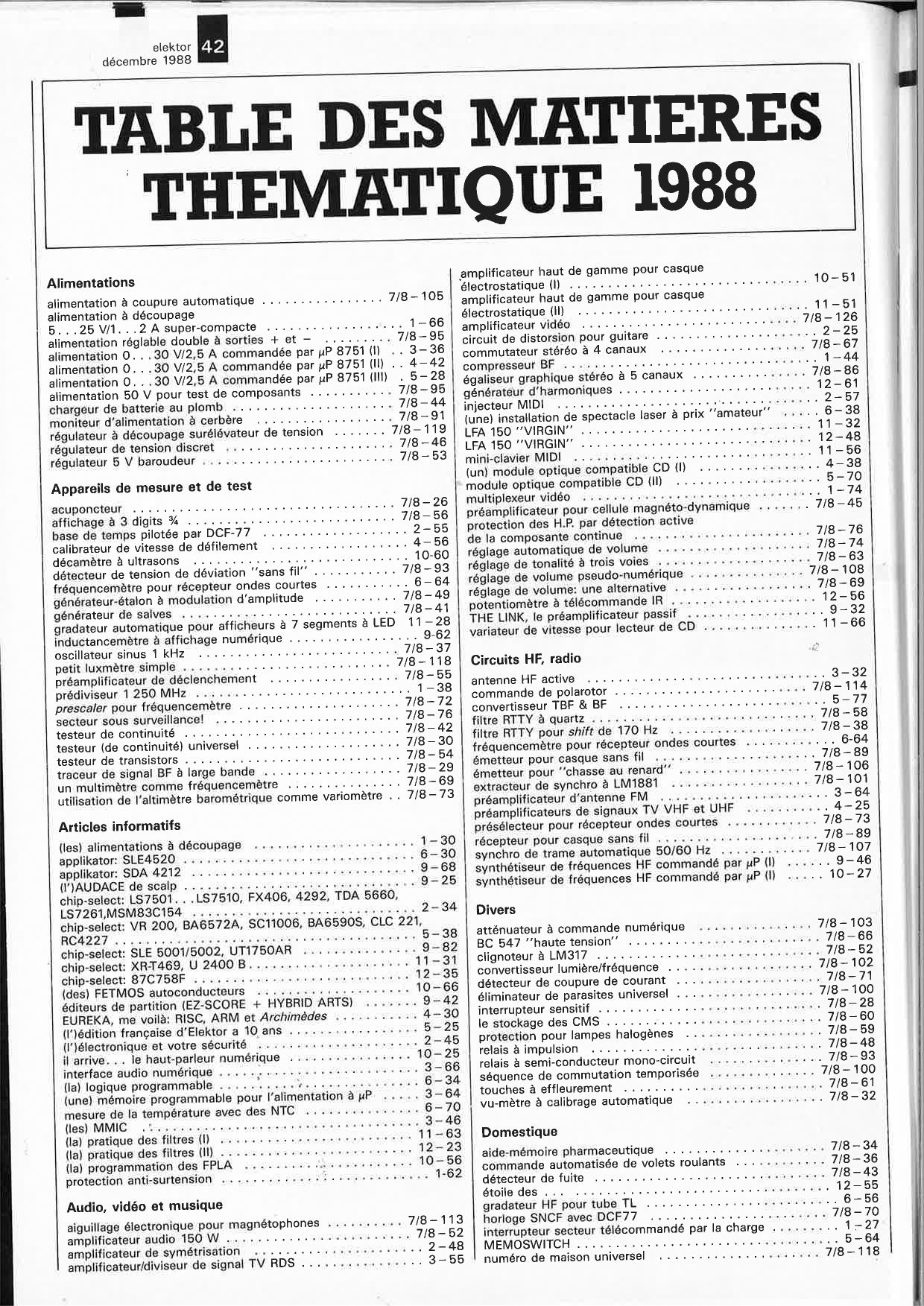 TABLE DES MATIERES THEMATIQUE 1988